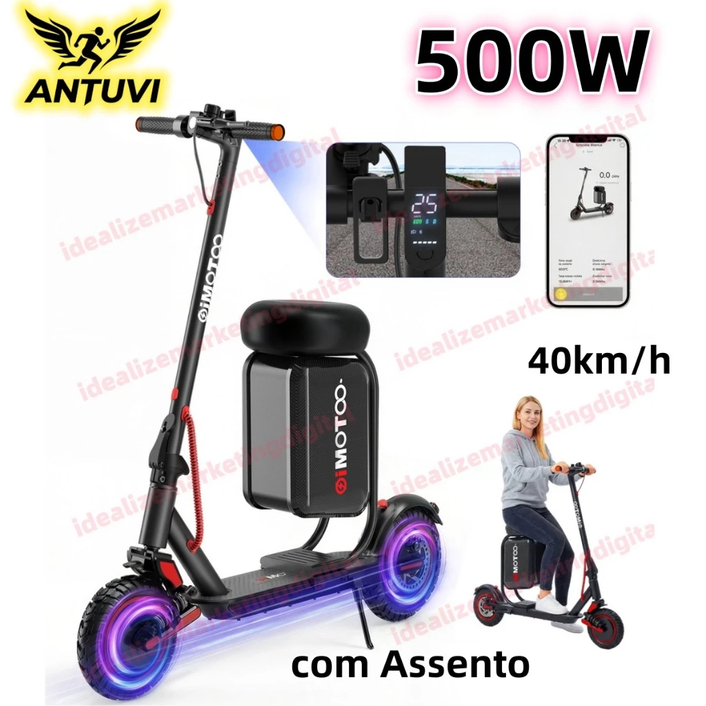 500W Patinete Elétrico 120kg 30km de Autonomia Motor 40km/h com Assento