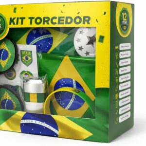 Kit Torcedor Brasil Copa do Mundo 2026 – 12 Peças Completo com Calendário de Jogos, Pintura Facial Hipoalergênica, Bandeira, Óculos, 2 Bastões Infláveis, Corneta e Caixa Presente – Em Busca do Hexa!