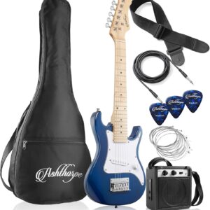 Ashthorpe Kit de guitarra elétrica para iniciantes de 76 cm com amplificador (azul), pacote básico para iniciantes com gig bag, cordas, alça, palhetas
