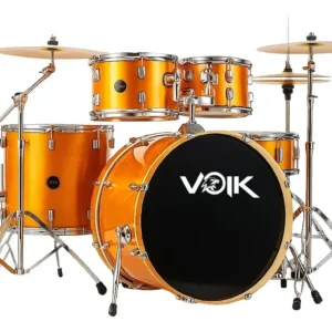 Bateria Acústica Voik BAM22-GD Cor Gold Brilhante Bumbo 22" Caixa Com Botão de Ajuste Fino Na Vibração 8 Peças Maquina de Chimbal Completa Com Pratos + Banco e Baqueta Para Iniciantes FOCUS Séries