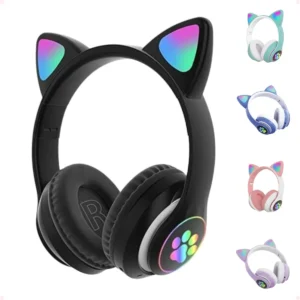 Fone De Ouvido Gatinho Bluetooth 5.1 Com Luz LED E FM Preto