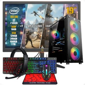 PC Gamer Completo Intel Core i7 3ª Geração, Opções 8GB/16GB RAM | SSD 120GB/240GB/480GB/ 1TB, Windows 11, Monitor LED 19, Teclado e Mouse Gamer, HeadSet