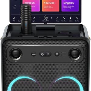 Speaker de Karaokê Profissional Ikarao Break X2 com Tela Touch 10.1" Android, 2 Microfones Sem Fio Recarregáveis, Som Potente 300W e Portátil para Festas e Eventos