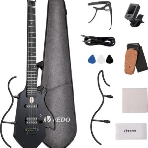 VEDO Guitarra Elétrica Silenciosa Portátil Sem Cabeça Hush X - Kit Completo para Viagem com Estojo, Suporte e Bateria Recarregável 50h, Design Ergonômico Leve (2kg) e Afinação Estável (Preto)