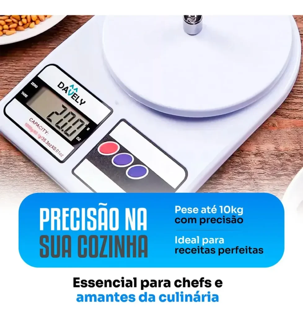 Balança Digital De Precisão 10kg Davely Cook Cozinha Para Uso Domestico E Profissional Fitness Ideal Para Dietas Treinos Alimentos Confeitaria Nutrição Branco